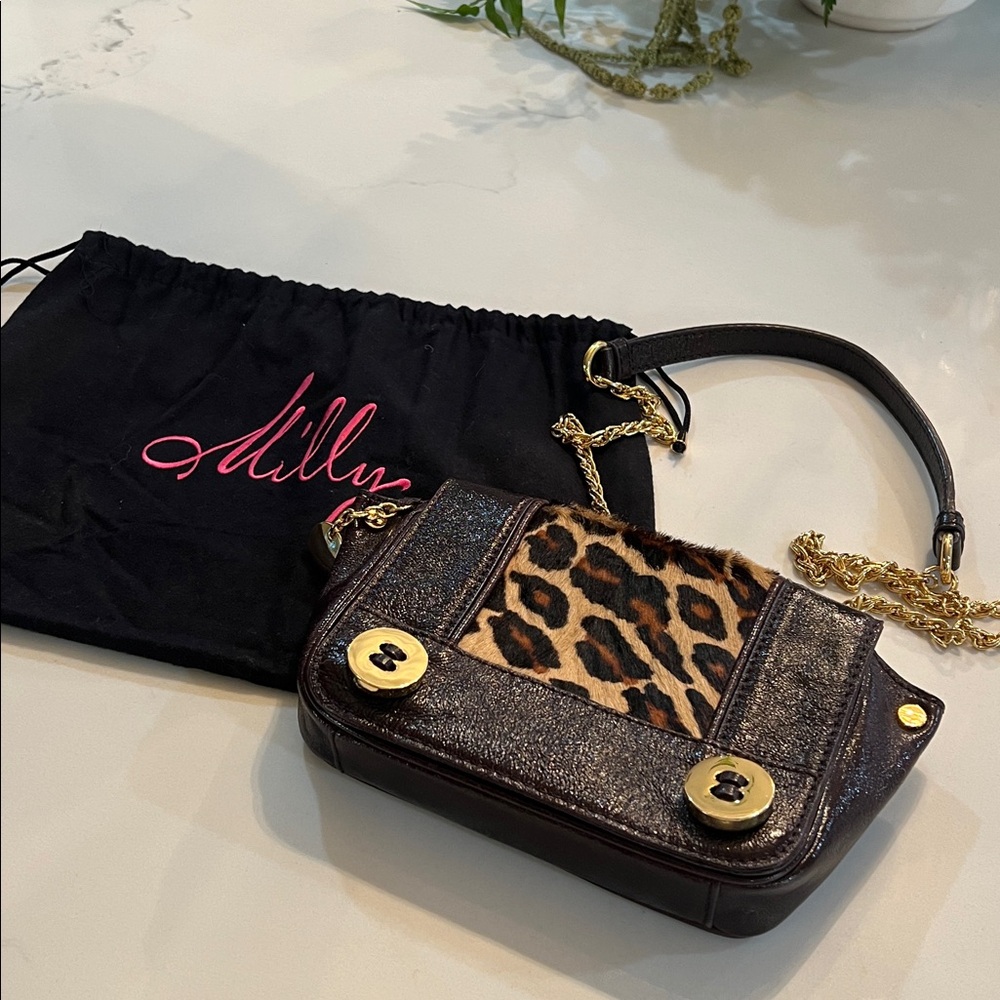 Milly of New York Leather Leopard Mini Bag with Gold Chain
